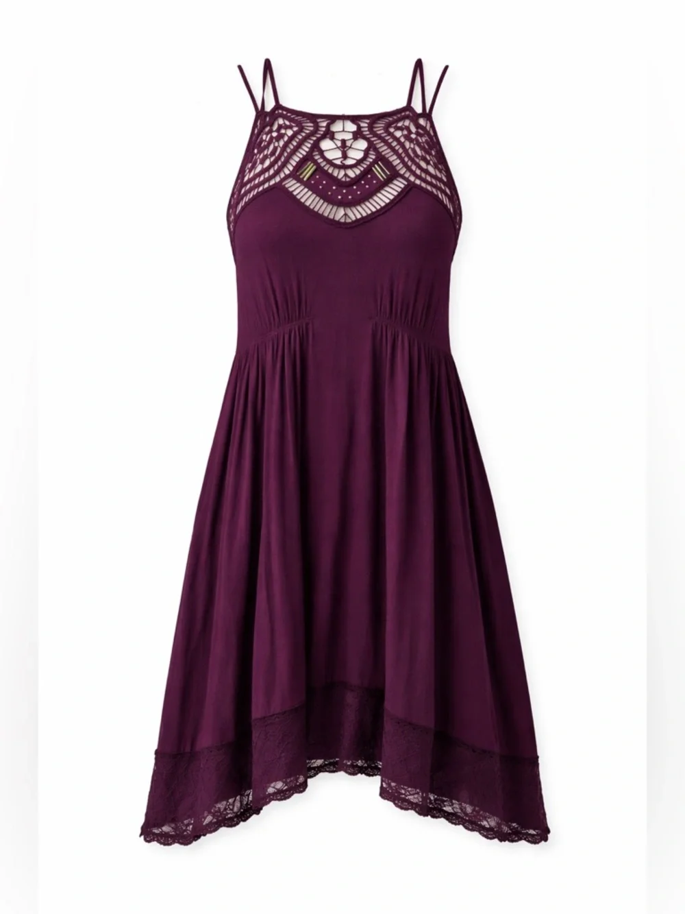 Dangerous Low Back Free People Deep Plum Swing Dress W/ Crochet Neck & Lace Hem - Picture 2 of 9